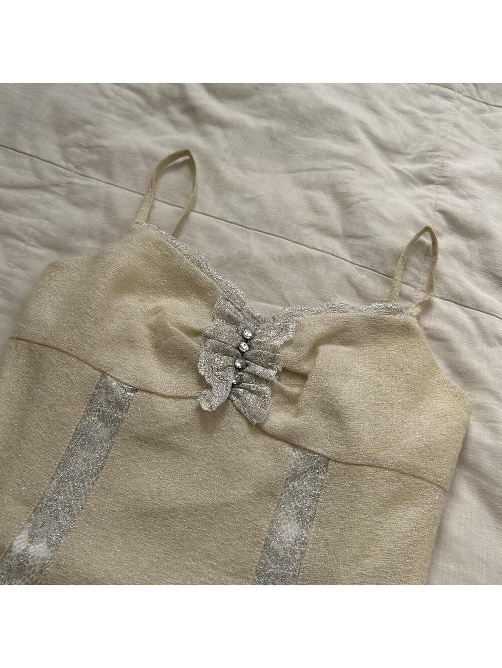 Cream Shimmer Babydoll Dress Lace Butterfly Detail Size XS - Picture 3 of 8